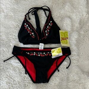 Hobie Black Red Cherry Embroidered Bikini